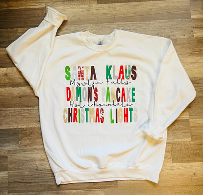 Mystic Falls and Christmas lights |The originals|Christmas sweatshirts|Vampire Diaries inspired sweatshirt|Damons pancake|santa Klaus