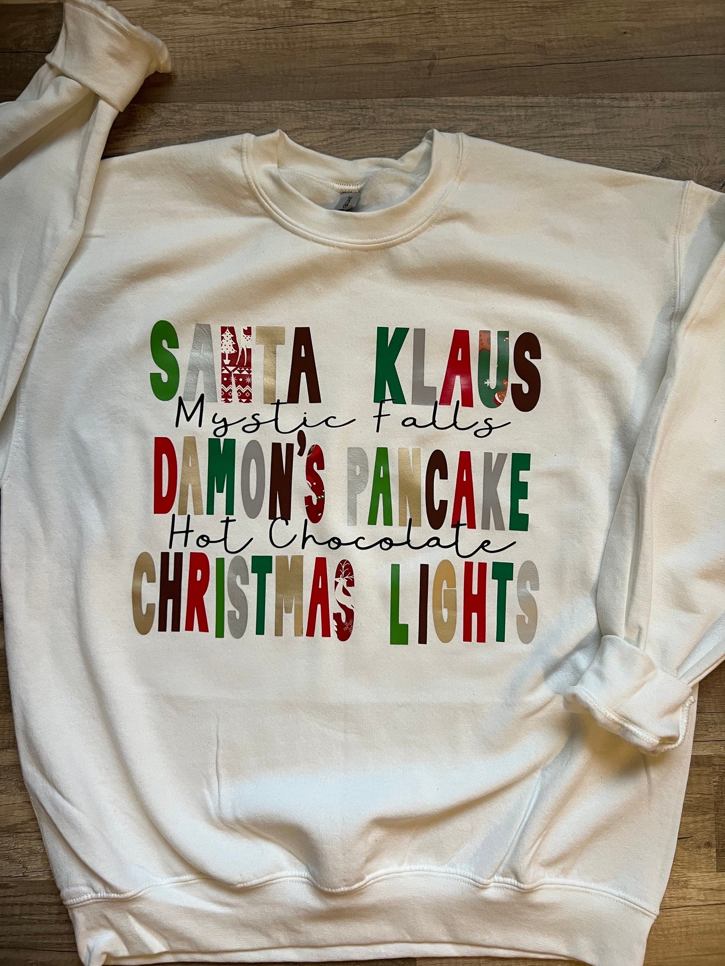 Mystic Falls and Christmas lights |The originals|Christmas sweatshirts|Vampire Diaries inspired sweatshirt|Damons pancake|santa Klaus